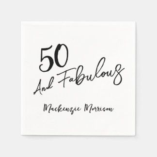 Black Fifty and Fabulous Script Birthday Napkin