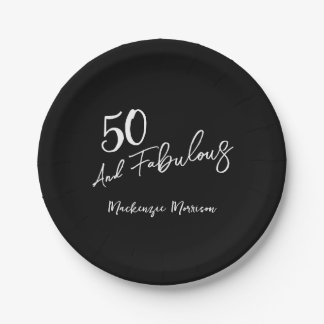 Black Fifty and Fabulous Script Birthday Paper Plate