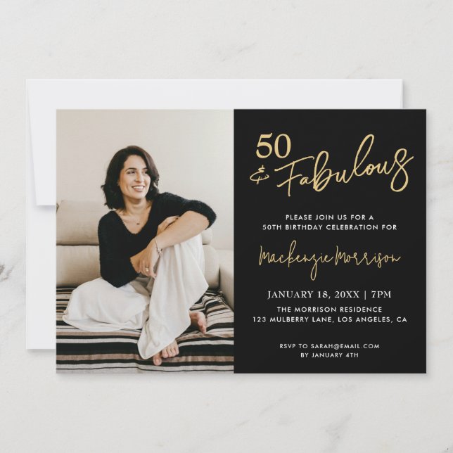 Black Fifty and Fabulous Script Birthday Party Invitation (Front)