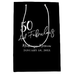 Black Fifty and Fabulous Script Birthday Party Medium Gift Bag