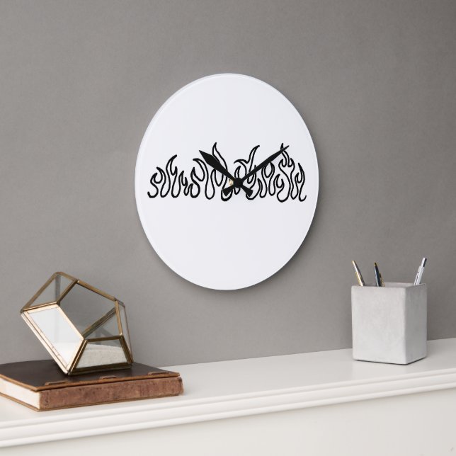 Black Fire Flames Blaze Outline Large Clock (Office)