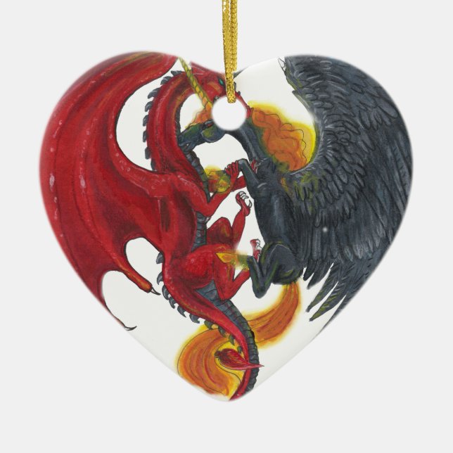 Black Fire Unicorn and Red Dragon Ceramic Ornament (Front)