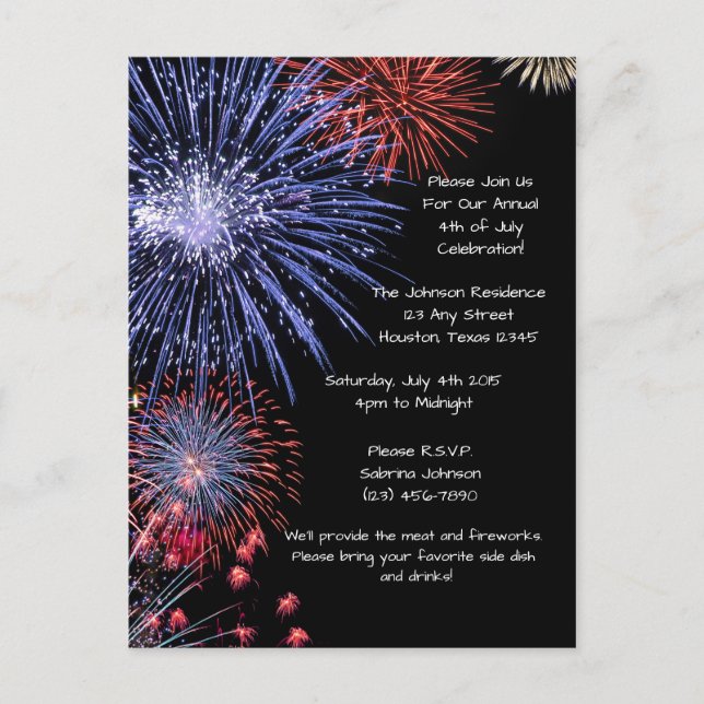 Black Fireworks 4th of July Party Invitation (Front)
