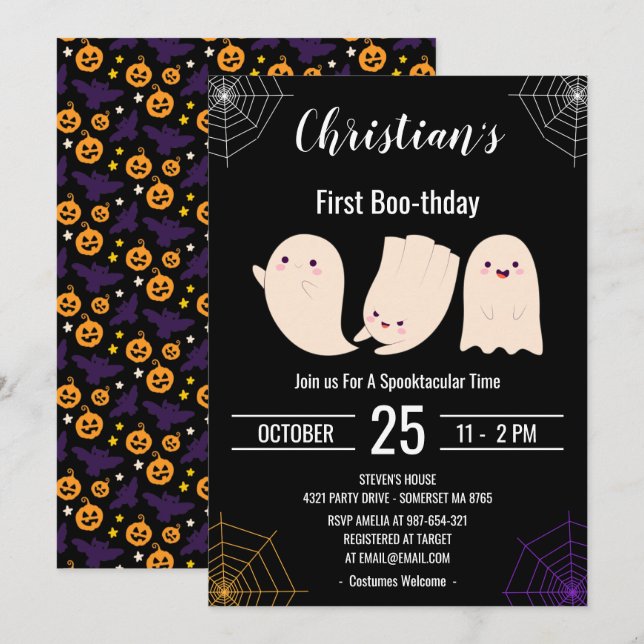 Black First Boo-thday Custom Halloween Birthday Invitation (Front/Back)