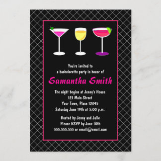 Black Fishnet Hot Pink Martini Bachelorette Party Invitation