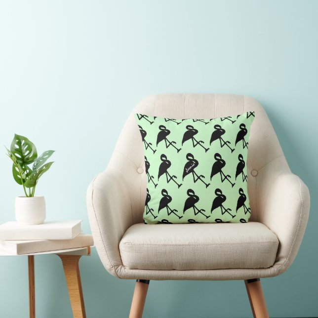 Black Flamingo Spring Green Throw Pillow (Chair)