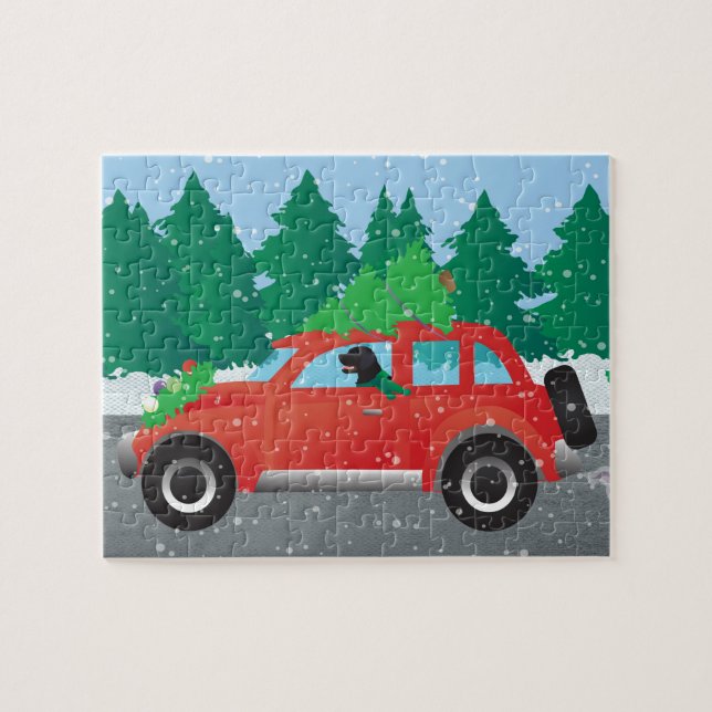 Black Flat-Coated Retriever Driving Christmas Car Jigsaw Puzzle (Horizontal)