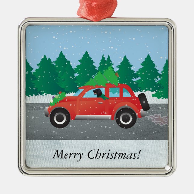 Black Flat-Coated Retriever Driving Christmas Car Metal Ornament (Front)