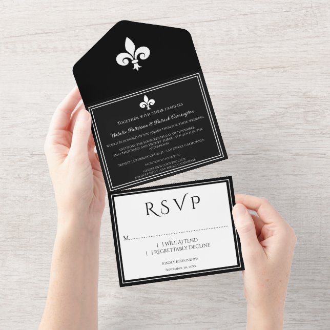 Black Fleur de Lis All in One Wedding Invite (Tearaway)