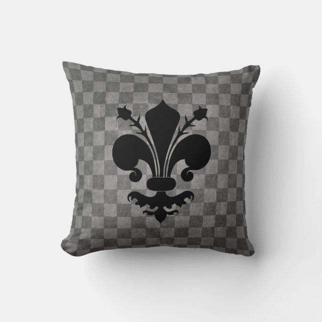 Black Fleur De Lis on grey chequerboard pattern Throw Pillow (Front)