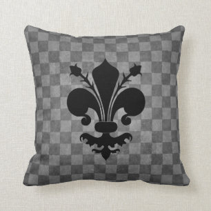 Black Fleur De Lis on grey chequerboard pattern Throw Pillow