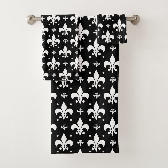Black Fleur-de-lis Pattern Design  Bath Towel Set (Insitu)