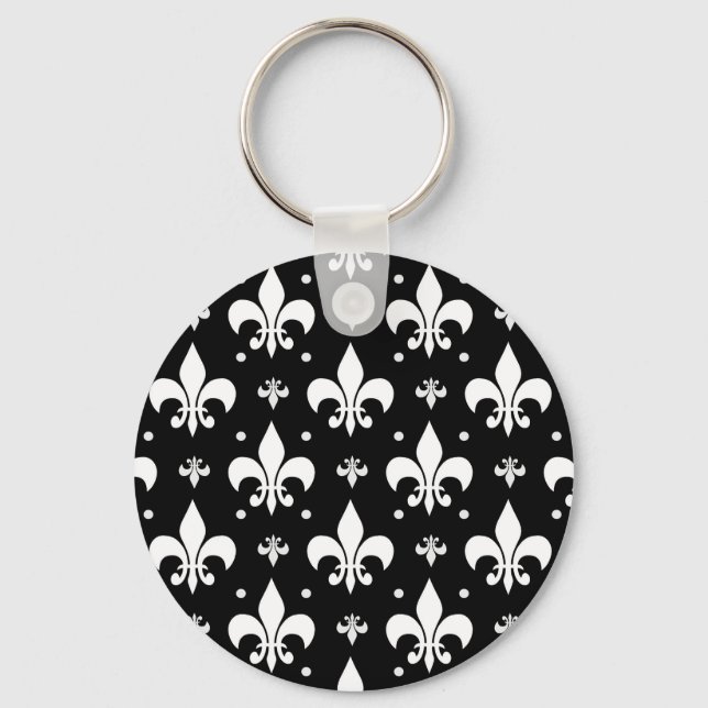 Black Fleur-de-lis Pattern Design  Keychain (Front)