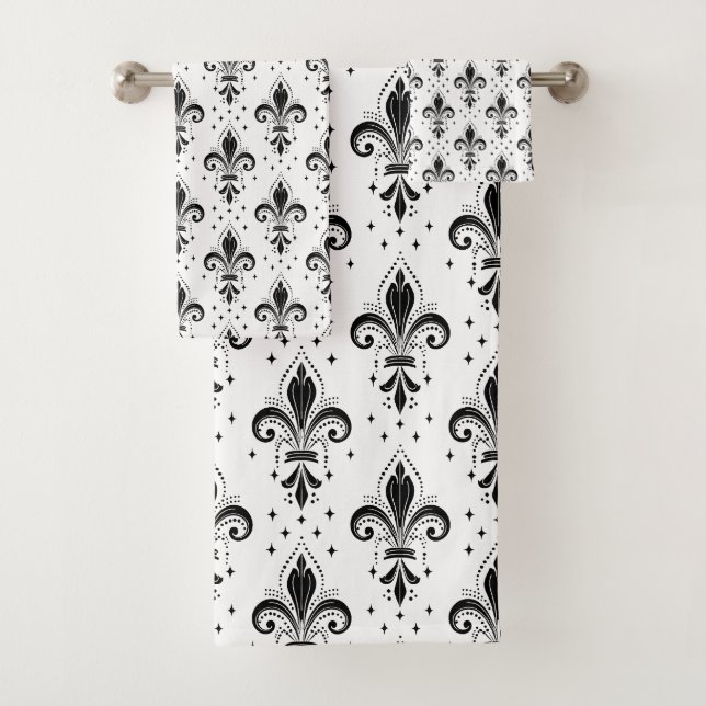 Black fleur-de-lis seamless pattern on white bath towel set (Insitu)
