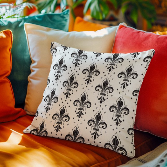 Black fleur-de-lis seamless pattern on white throw pillow (Creator Uploaded)