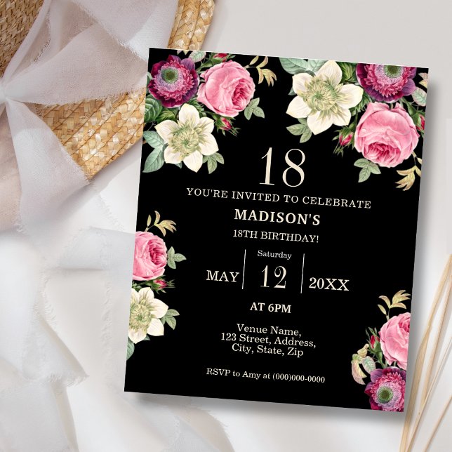Black Floral 18th Budget Birthday Invitation (Creator Uploaded)