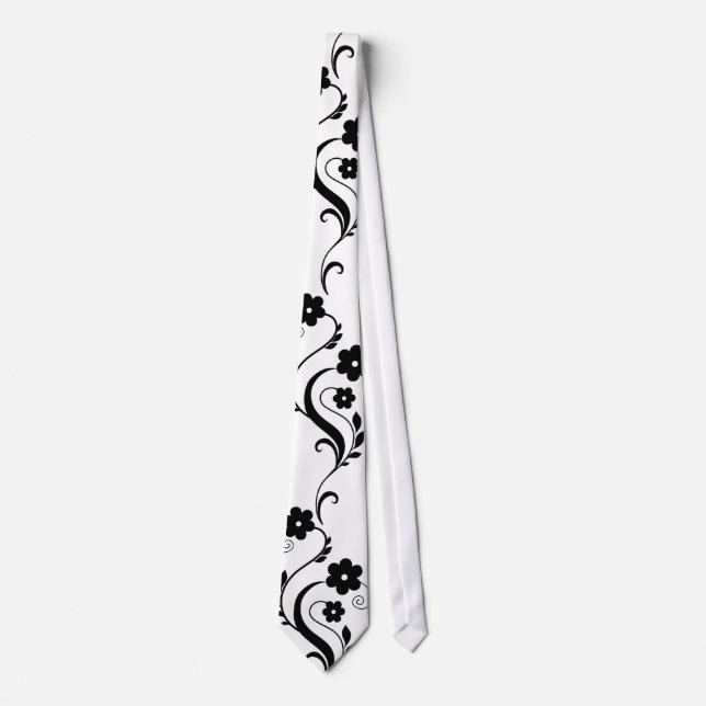 Black Floral 2 Unique Black/White Design Tie (Front)