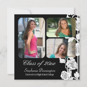 Black floral 3 photo graduation party announcement