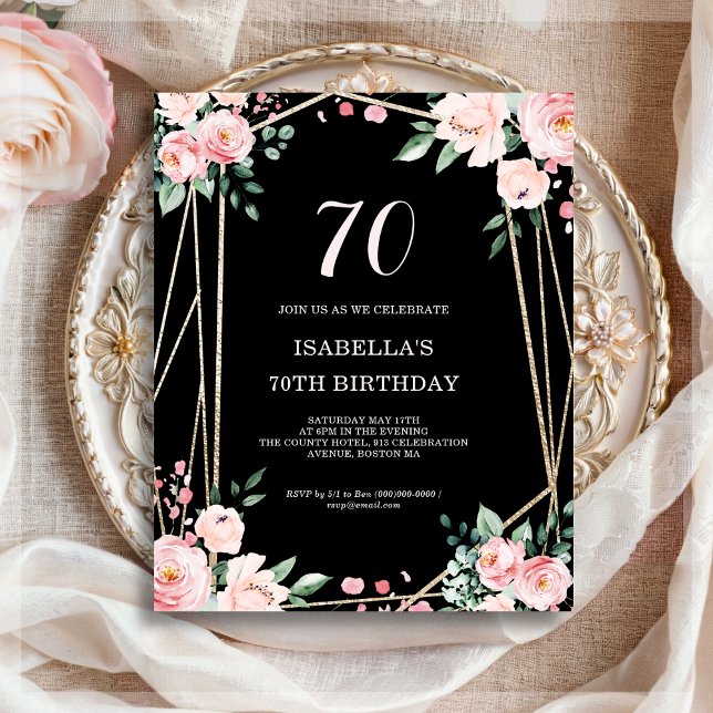 Black Floral 70th Budget Birthday Invitation (Creator Uploaded)