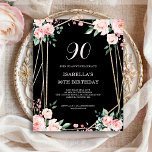 Black Floral 90th Budget Birthday Invitation<br><div class="desc">Looking for an affordable and charming invitation for your upcoming 90th birthday bash? Look no further than our black floral paper invitation! With a lovely design featuring delicate blush pink flowers on a chic black background and an elegant font, this customizable invitation is sure to set the perfect tone for...</div>