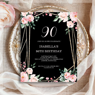Black Floral 90th Budget Birthday Invitation
