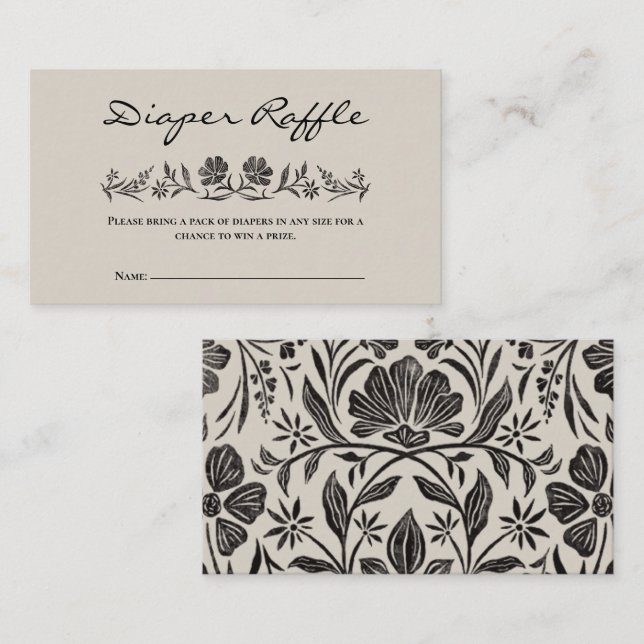 Black Floral Baby Shower Diaper Raffle Card (Front/Back)