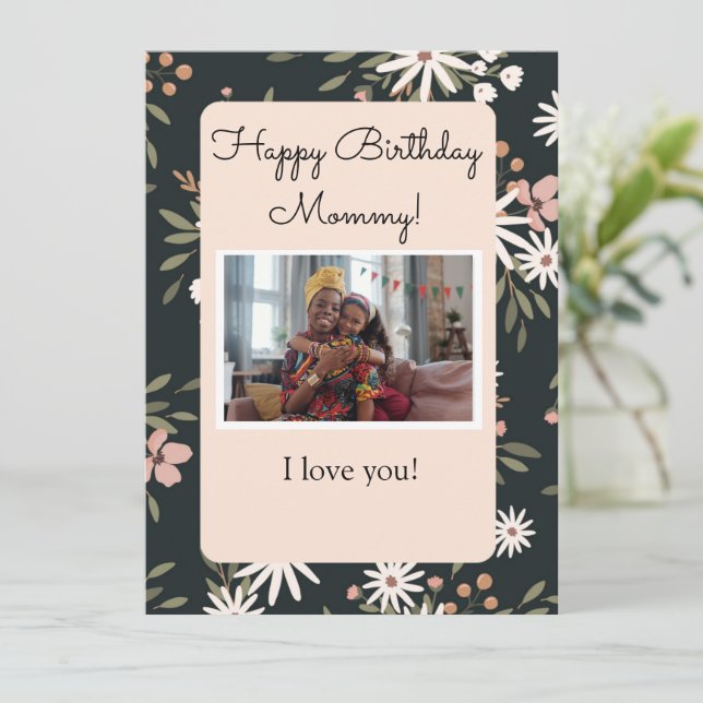Black & floral Birthday card with your photo (Standing Front)