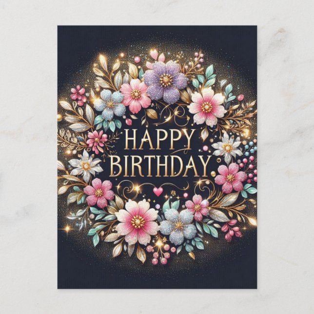 Black floral Birthday postcard (Front)