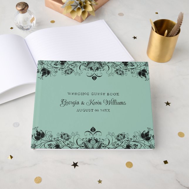 Black floral border on sage green guest book (Front Open)