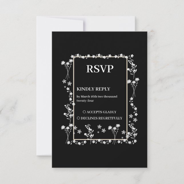 Black Floral Border Wedding RSVP Card (Front)