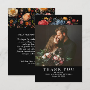Black Floral Botanical Wedding Photo Thank You Card