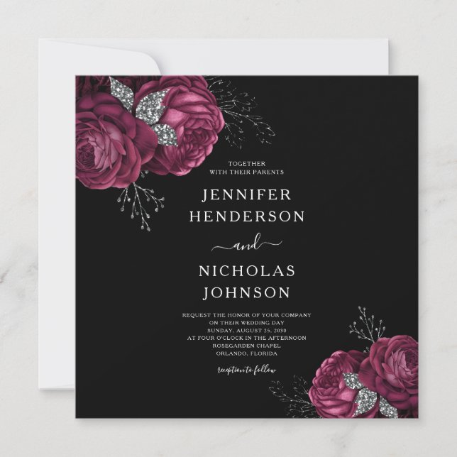 Black Floral Burgundy Peonies Wedding Invitation (Front)
