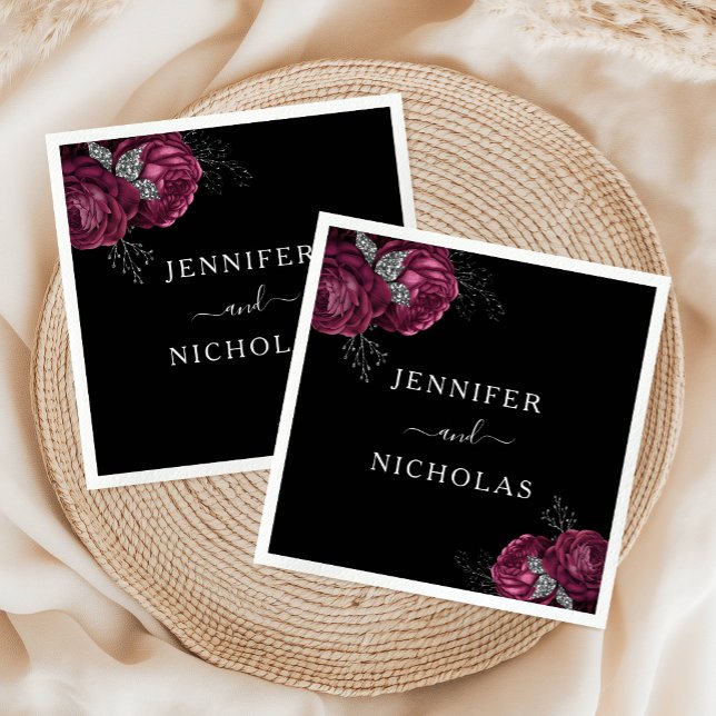 Black Floral Burgundy Peonies Wedding  Napkin (Black Floral Burgundy Peonies Wedding Napkins)