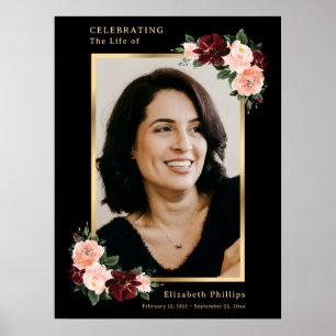 Black Floral Celebration of Life Photo Sign