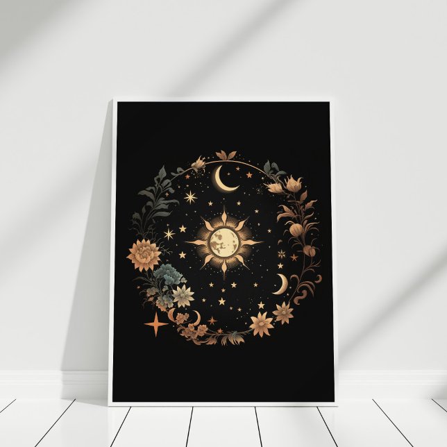 Black Floral Celestial Boho Wall Art (Black Floral Celestial Boho Wall Art in a white frame against white wall.)
