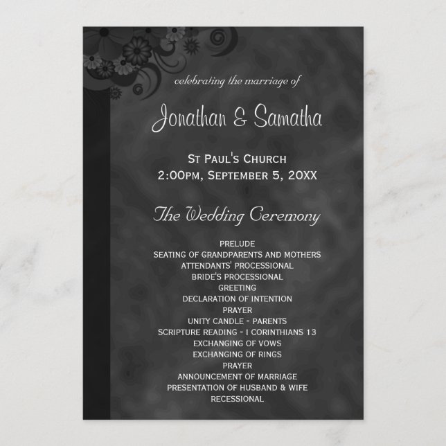 Black Floral Chalkboard Gothic Wedding Programs (Front)