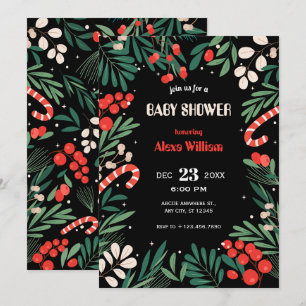 Black floral christmas baby shower invitation