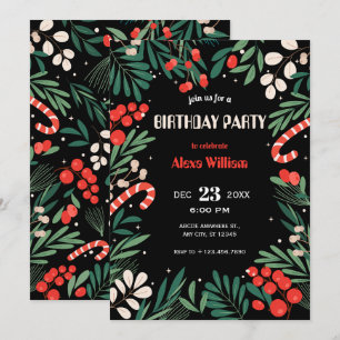 Black floral christmas birthday invitation