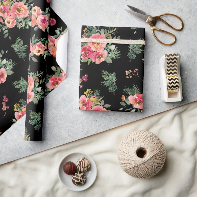 Black Floral Christmas Pattern | Botanical Holiday Wrapping Paper (Crafts)