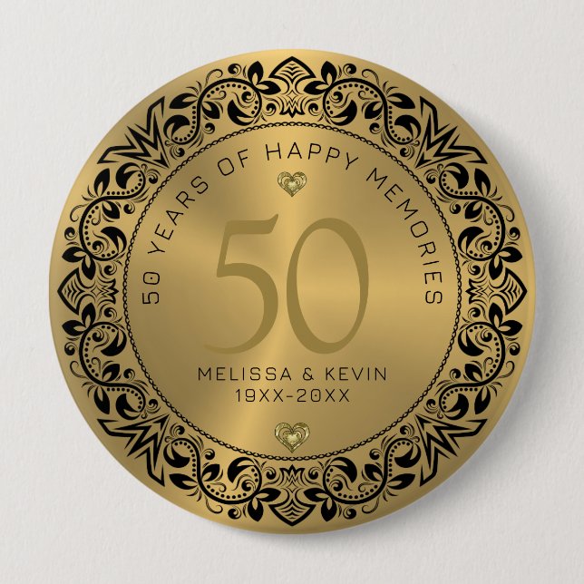 Black Floral Circle 50th Wedding Anniversary 4 Inch Round Button (Front)