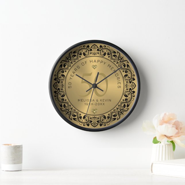Black Floral Circle 50th Wedding Anniversary Clock (Home)