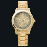 Black Floral Circle 50th Wedding Anniversary Watch<br><div class="desc">Black ornate floral circle on gold tones background, customizable gold wedding Anniversary. Celebrating 50 years of happy memories customizable text.</div>