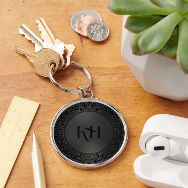 Black Floral Circle Iridescent Black Texture Keychain (Desk)