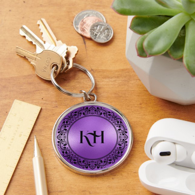 Black Floral Circle Purple Iridescent Texture Keychain (Desk)
