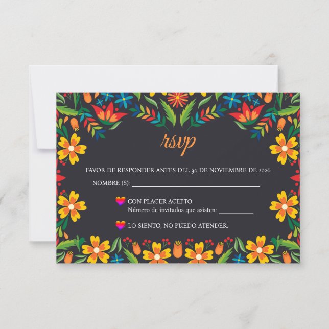 Black Floral Colorful Botanical Spanish Wedding RSVP Card (Front)