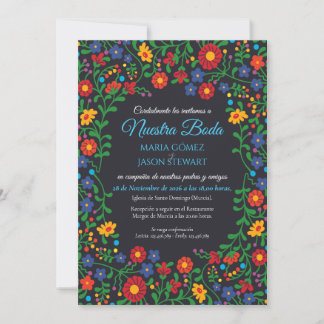 Black Floral Colourful Folk Art Spanish Wedding Invitation