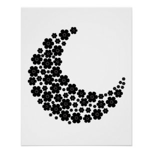 Black Floral Crescent Moon – Minimalist Boho Moon  Poster