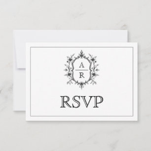 Black floral crest monogram QR code wedding RSVP Card