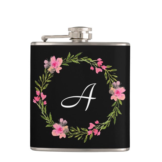 Black Floral Custom Monogram Flask (Front)