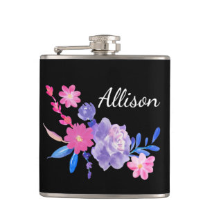 Black Floral Custom Monogram Flask